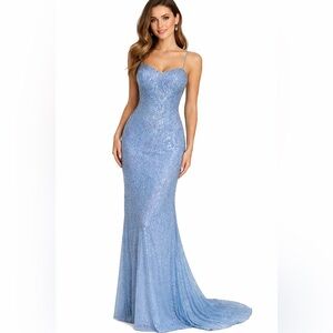Night Moves Light Blue Sequin Mermaid Floor Length Backless Sweetheart Dress S
